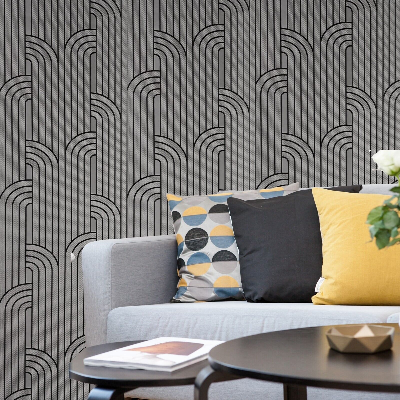 Textured Dark Silver metallic black art deco lines faux fabric modern wallpaper