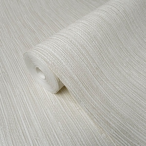 May include: A roll of white wallpaper with a subtle textured pattern that resembles woven fabric. The wallpaper has a slightly off-white color and a subtle sheen.