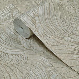 Embossed feather-like Layered leaf ivory beige gold heavy textured wallpaper 3D