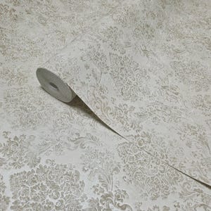 Ivory Beige cream gold glitter Victorian damask faux fabric texture Wallpaper 3D