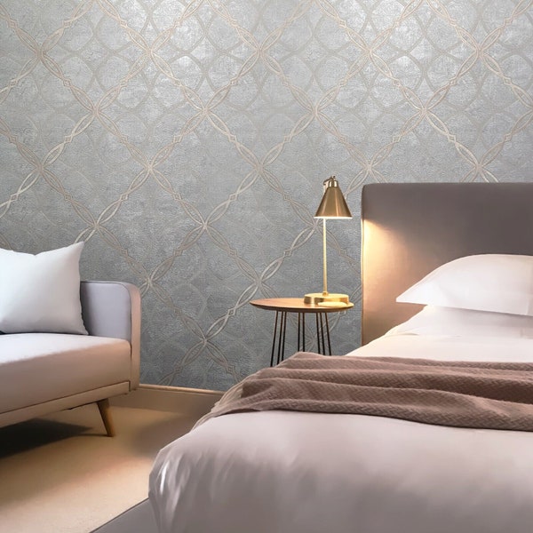 Light Gray gold metallic diamond trellis faux concrete textured modern Wallpaper