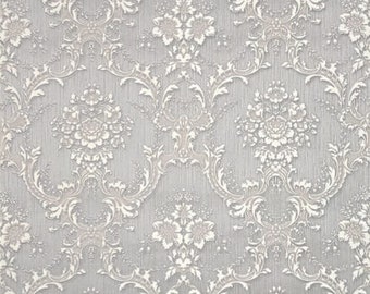 Satin gray silver tan Victorian damask faux silk fabric textured Wallpaper rolls