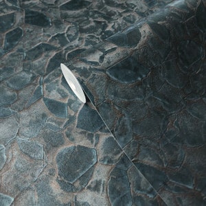 Distressed teal green bronze metallic faux rock stone plaster Textured wallpaper