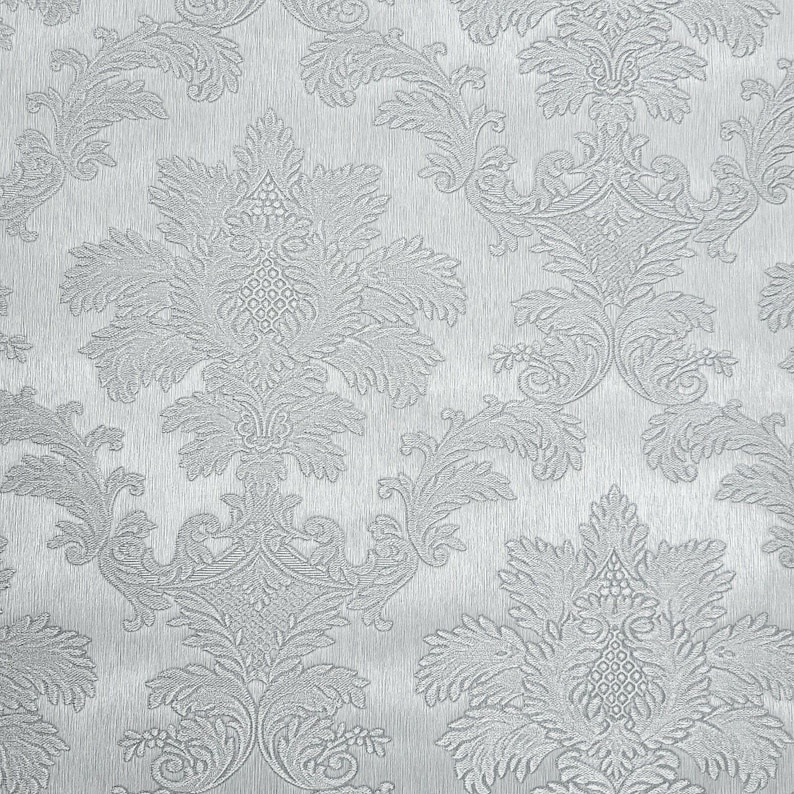 Silver gray metallic textured floral Victorian damask Wallpaper roll