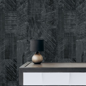 Geo lines shimmer charcoal black dark gray faux fabric textured modern wallpaper