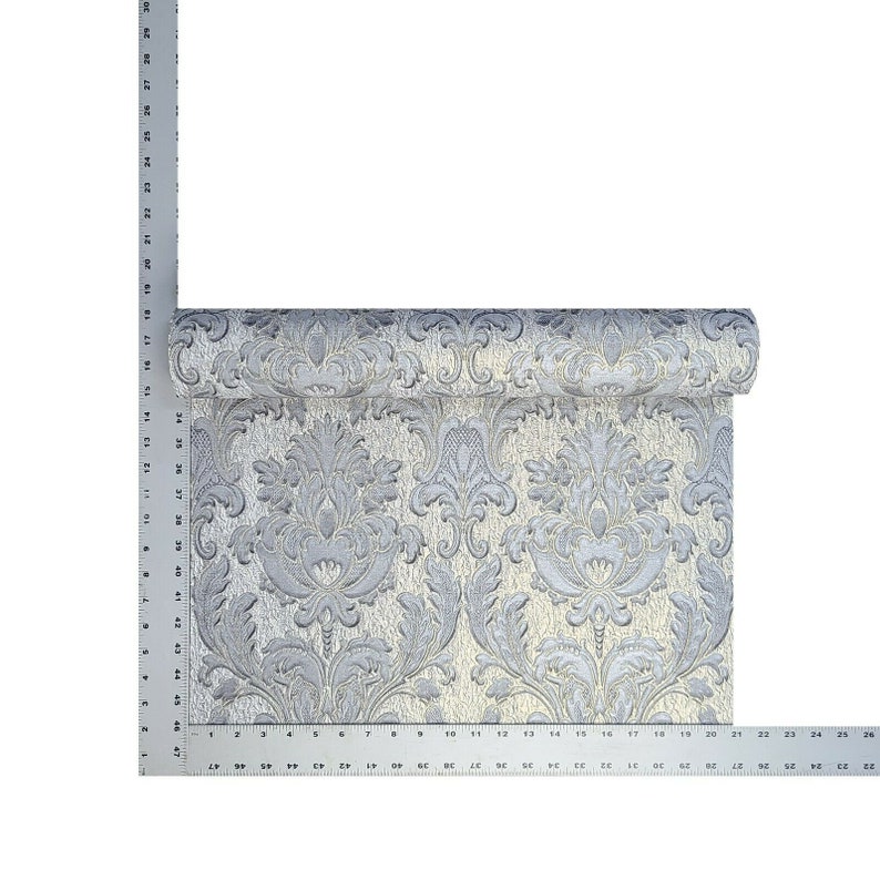 Gray Silver Gold Metallic Crashed Foil Textured Victorian Damask ...