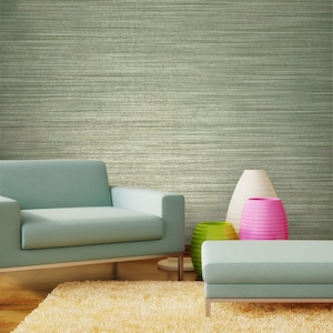 Wallpaper green brown Textured Plain faux grasscloth horizontal stria lines roll