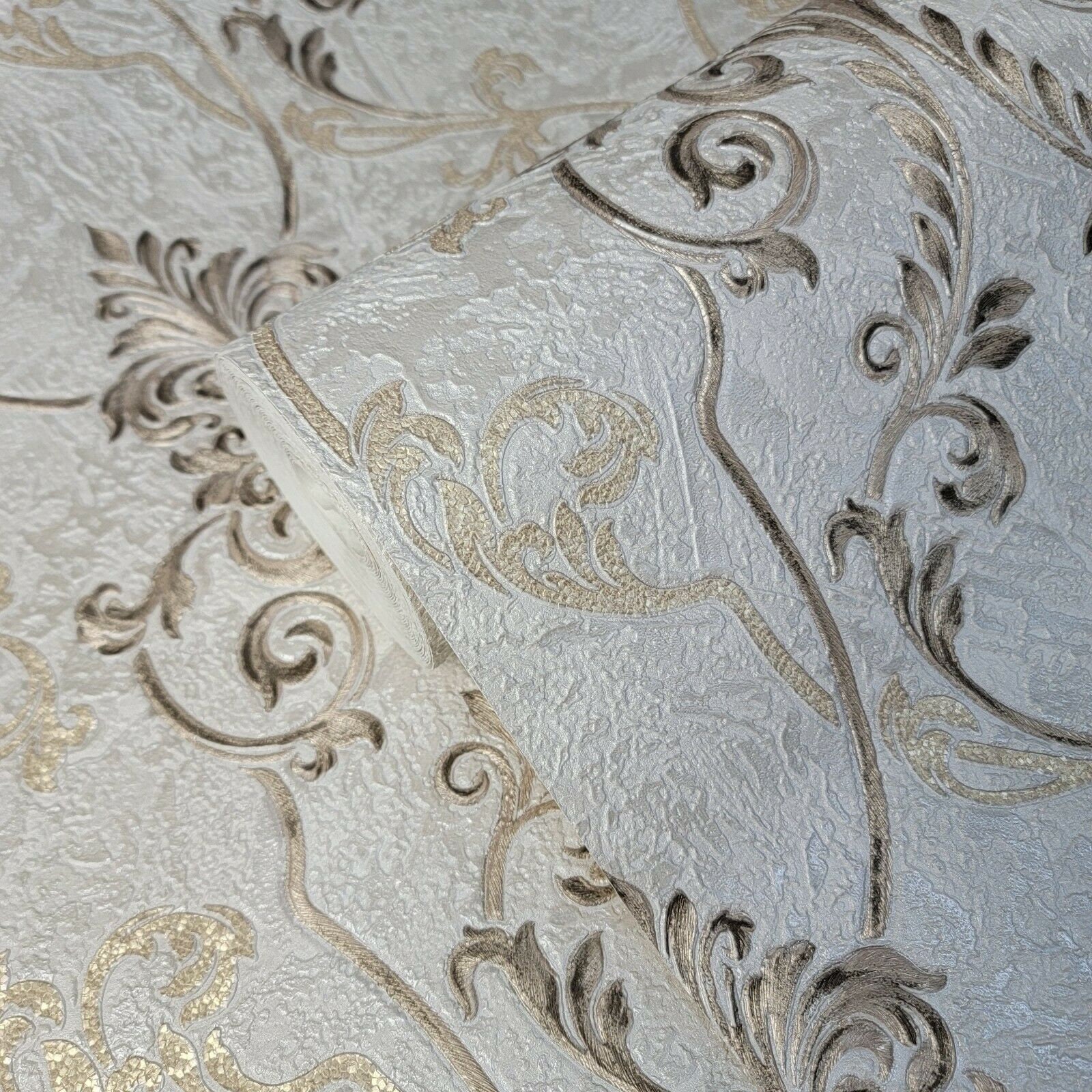 Grayish off White Bronze Gold Metallic Victorian Damask Textured ...