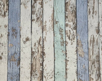 Wallpaper textured Worn distressed white blue wallcoverings faux wood planks 3D