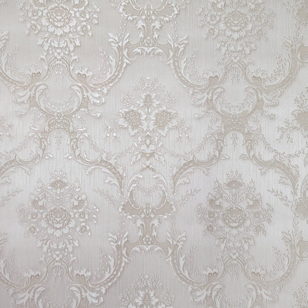 Satin Beige Cream Victorian Damask Faux Silk Fabric Textured Wallpaper ...