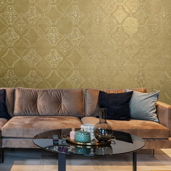 Embossed Yellow Gold metallic lattice damask faux grasscloth textured Wallpaper