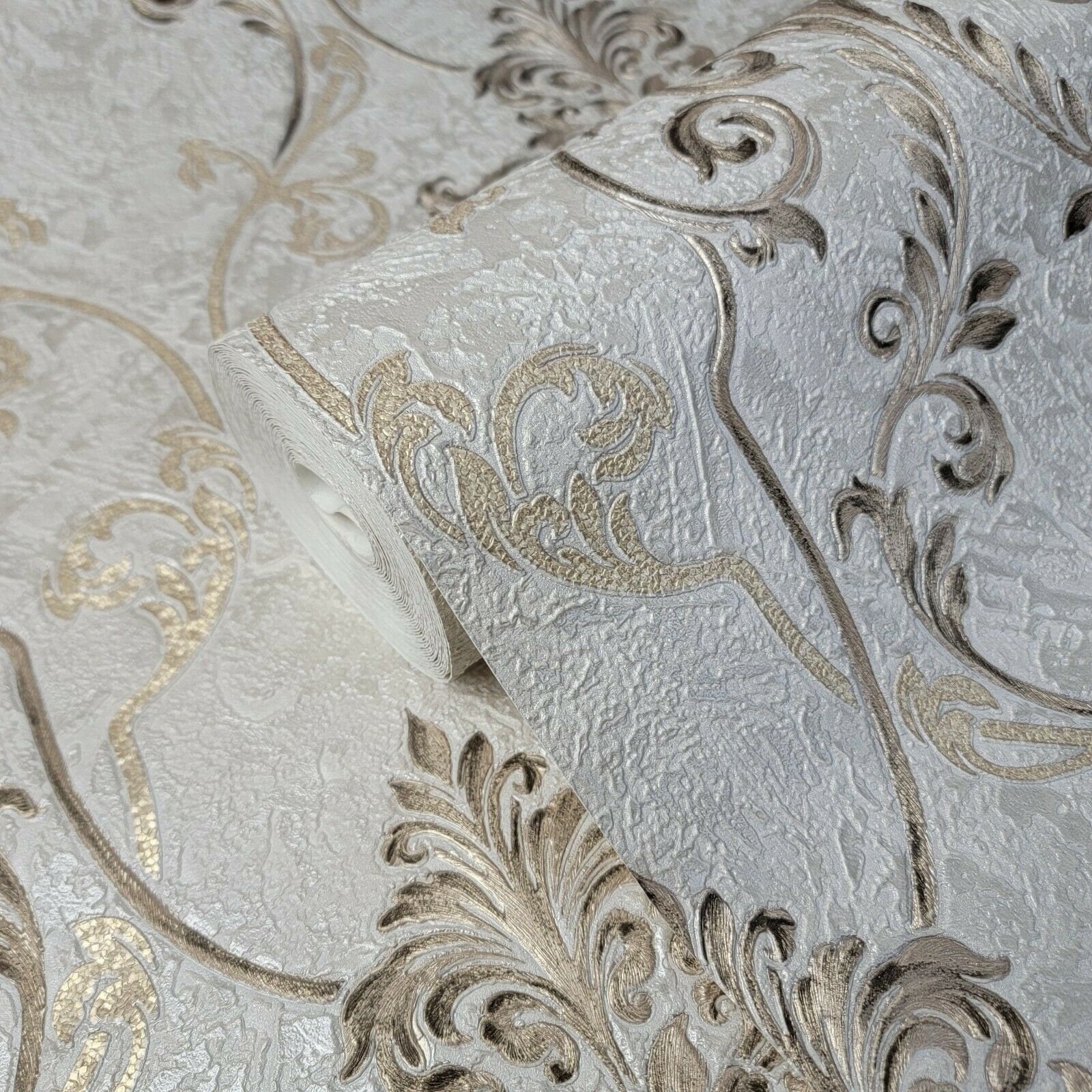 Grayish off White Bronze Gold Metallic Victorian Damask Textured ...
