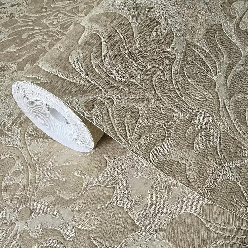 Taupe Tan Cream Gold Metallic Victorian Floral Damask Plaster Textured ...