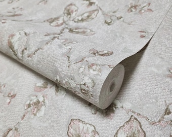 Grayish rose distressed fish scale plaster textured floral branches Wallpaper 3D