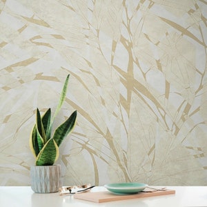 Modern Texture Wallpaper white yellow Gold metallic Abstract Palm Leaves roll 3D