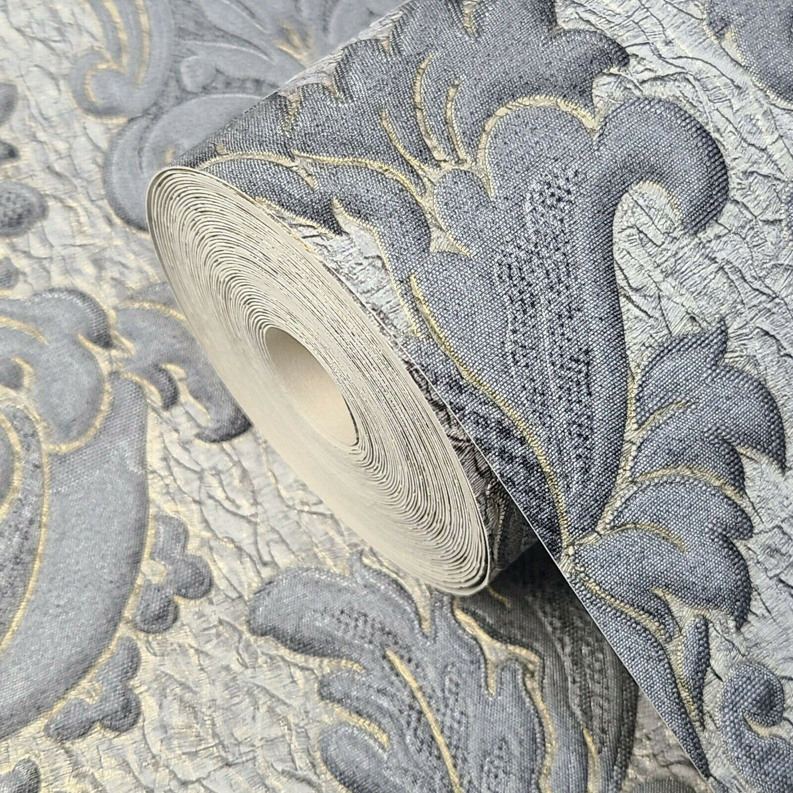 Gray Silver Gold Metallic Crashed Foil Textured Victorian Damask ...