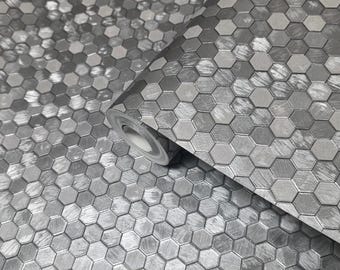Little Hexagon tile pattern silver gray metallic foil textured wallpaper modern