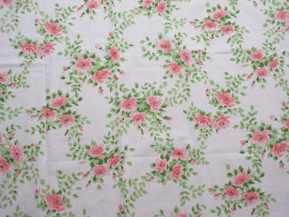 Vintage 70's Shabby Cottage Pink Roses Utica Twin Percale Flat Sheet 66x104