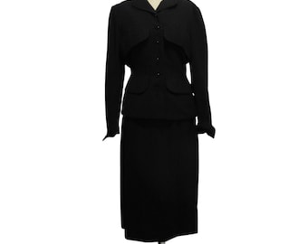 Vintage 40's/50's Bellciano Vicara Wool Slim Black Jacket Skirt Suit XS/S