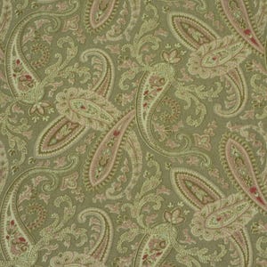 May include: A fabric with a repeating paisley pattern. The design features large, teardrop-shaped motifs in shades of olive green, cream, and pink. The intricate details include floral and scroll elements, creating a classic, ornate look.