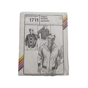 May include: A vintage sewing pattern for men's action jackets. The pattern packet is white with illustrations of the jackets and text that reads "Stretch & Sew 1711 men's action jackets". The packet has a colorful stripe design on the side.
