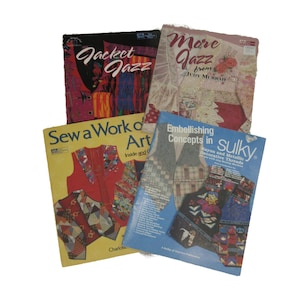 May include: A collection of vintage sewing books with titles including "Jacket Jazz," "More Jazz," "Sew a Work of Art," and "Embellishing Concepts in Sulky." The books feature colorful vest designs and decorative thread techniques.