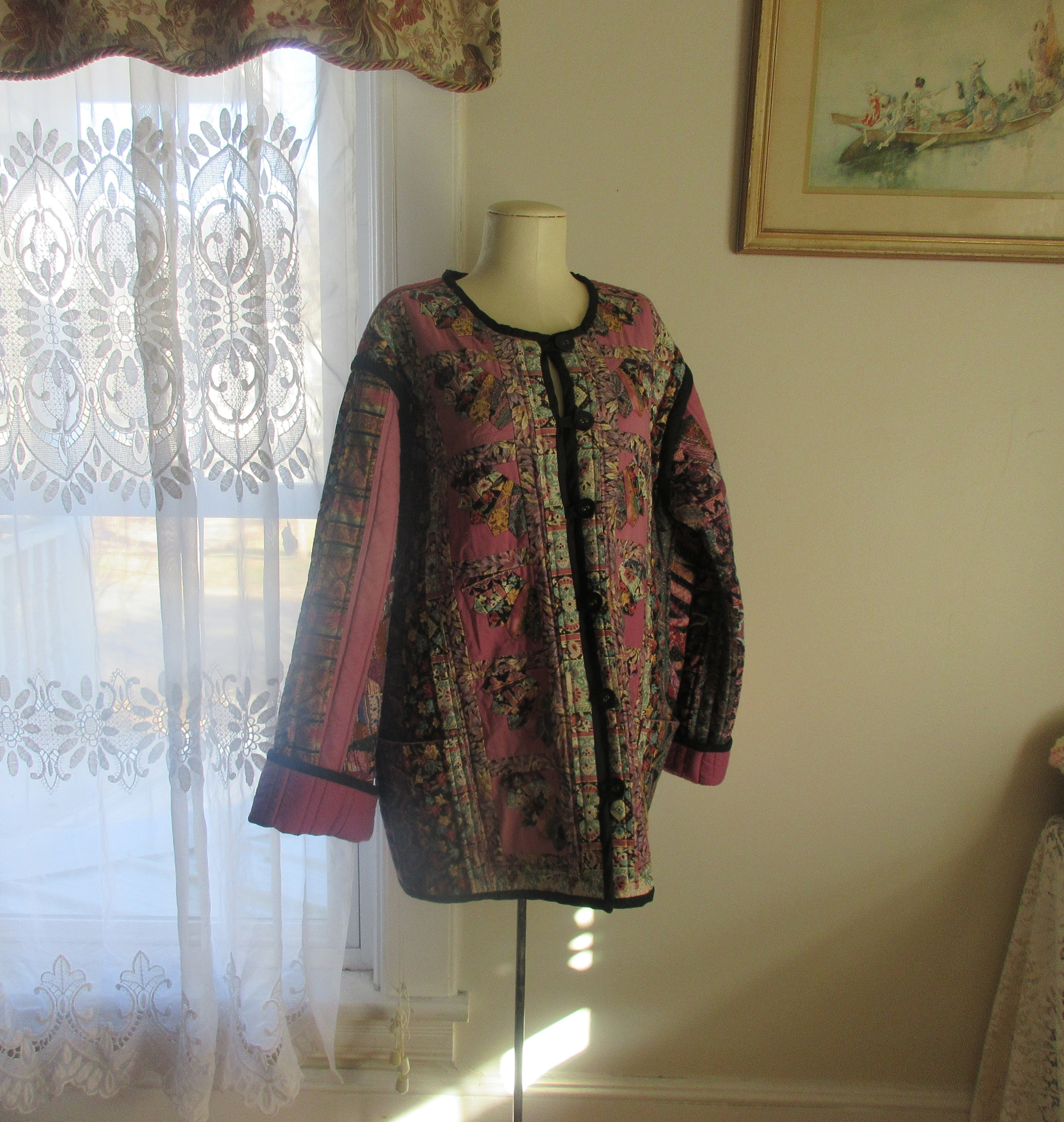 Vintage Handmade Black Pink Floral Patchwork Quilt Jacket Szxl - Etsy