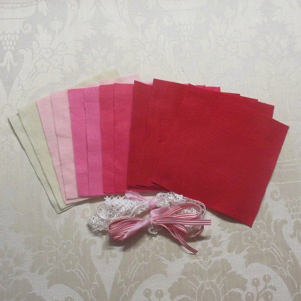 Valentine Red Pink Cream Craft Felt Squares Lace Ribbon Assortment 14pc