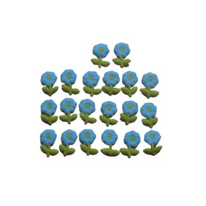 May include: A collection of small, embroidered blue flower appliques with green stems and leaves. The flowers are arranged in a grid pattern against a white background, suitable for crafting or embellishment projects.