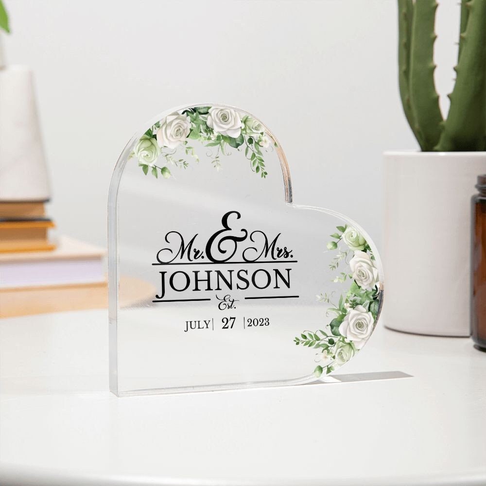 Personalized Mr and Mrs Acrylic Heart Plaque Custom Wedding Gift Unique ...