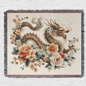 Manta tejida con diseño de dragón chino/manta de tapiz tejida - Año del Dragón - Zodíaco chino - Año Nuevo Lunar - Regalo para amantes de los dragones