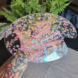 Iridescent & Holo Smiley Face Filled Artist&#39;s Resin Paint Palette - Mixing Palette - Art Lover&#39;s Gift - Acrylic, Gouche - Painter&#39;s Plate