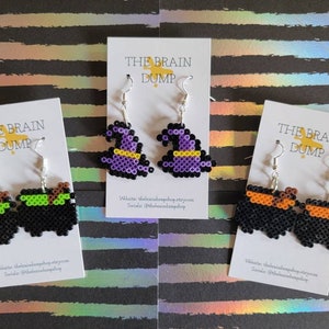 Witches Brew! Mini Cauldron & Witches Hat Perler Beads Earrings Cute Jewelry Nostalgic Horror Halloween Scary Costume Accessories Creepy