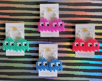 Boo, Ghosties! Pacman Inspired Perler Beads Dangle Earrings - Hama Beads - Fun and Cute Jewelry - Nostalgic - Video Game jewelry Earrings