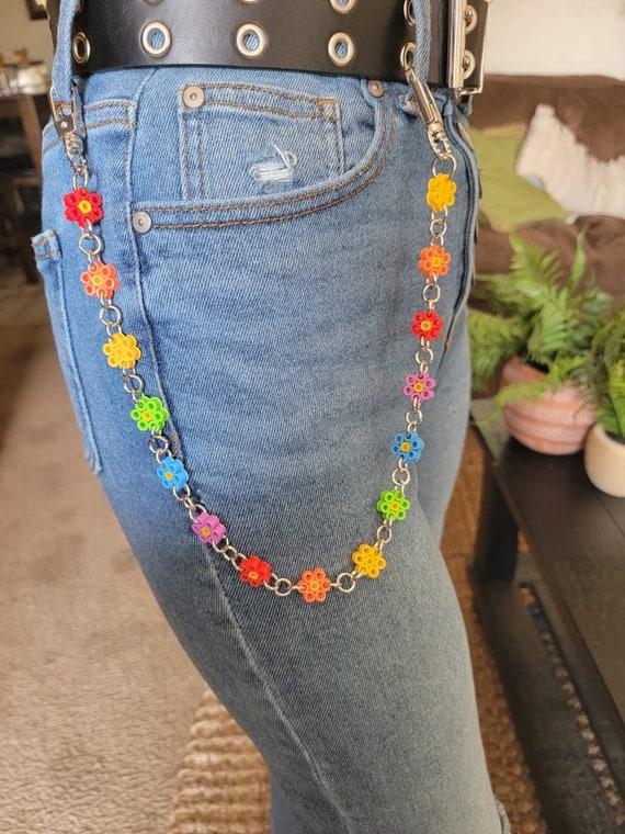 Rainbow Daisy Jean Chain Super Cute and Fun Perler Bead Daisy Jean Chains  22 Inches Long With Heavy Duty Jump Rings and Extra Flowers 