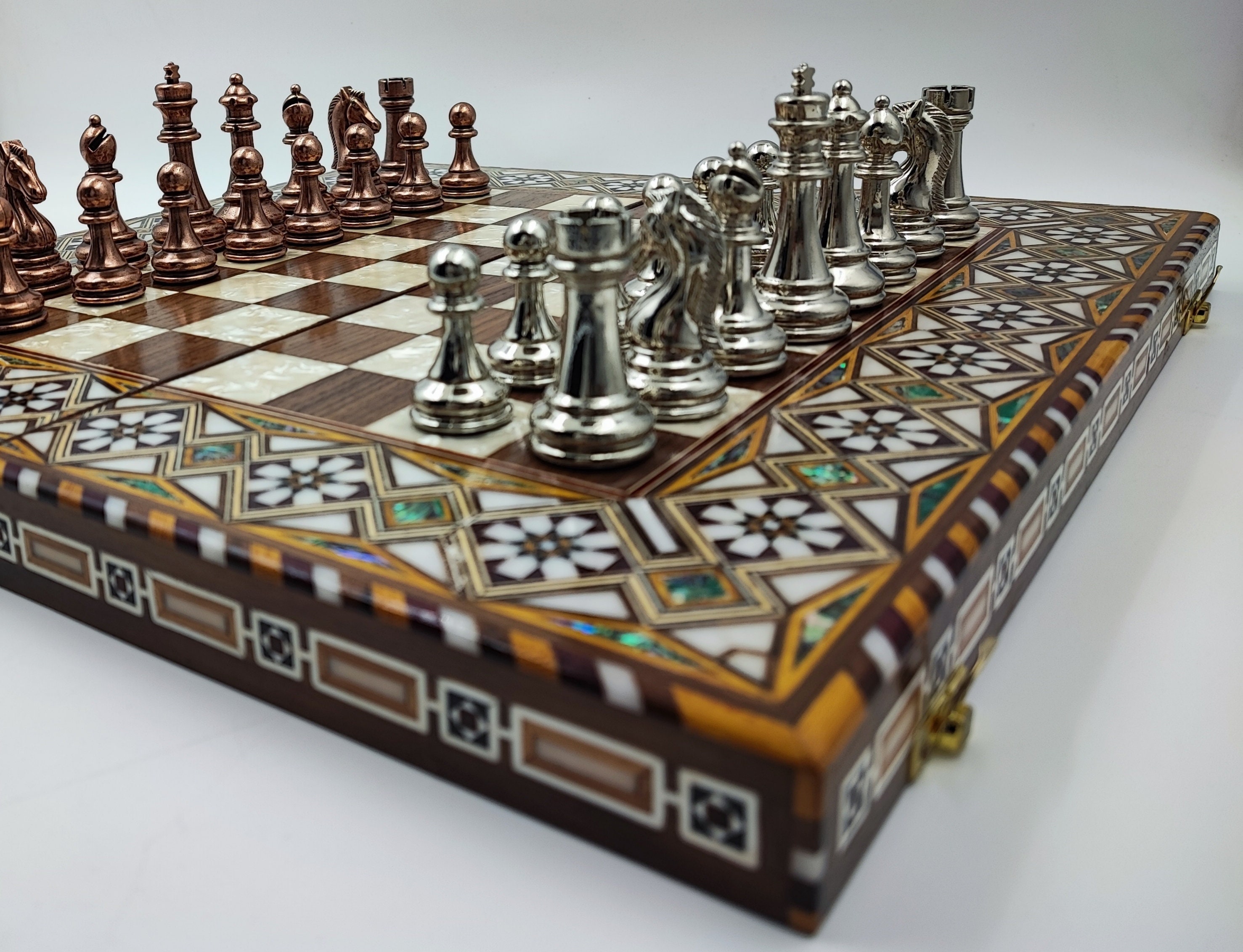 16.5" Handmade Backgammon With Wooden Checkers and Pieces, Mosaic Backgammon with Natural Green Mother of Pearl, Walnut Backgammon Best Gift