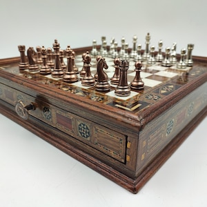 Mini Chess Set Drawer, Walnut Natural Chessboard, Classic Chess Pieces, Personalized Board, Gift for Father Unique Chess Set, Adult Chess