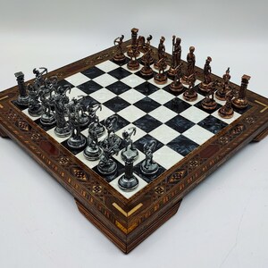 Black Design Mother of Pearl Pieces, Archer Chess Set, Handmade Unique Marquetry Inlaid Chess Set,