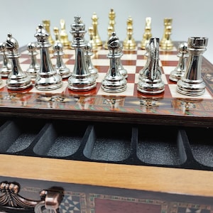 15.5&quot; Christmas Chess Set, Large Chess Pieces, Gift for Father and Unique Chess Set, Mother of Pearl, Storage Drawer, Family Chess Set Gift