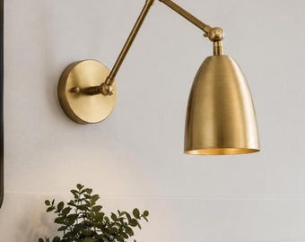 Lámpara de pared moderna de mediados de siglo con brazo oscilante de latón • Aplique con pantalla de cúpula de latón ajustable • Lámpara de lectura de mesilla de noche hecha a mano para oficina