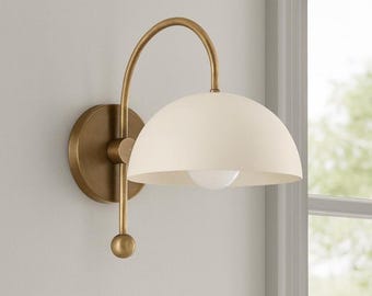 Aplique de pared moderno de latón con cuello de cisne • Lámpara de pared con pantalla de cúpula blanca • Lámpara de techo arqueada y curvada de mediados de siglo, hecha a mano, para dormitorio y pasillo.