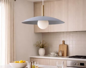 Modern Brass Pendant Light • Minimalist Disc Shade Hanging Lamp • Mid Century Nordic Glass Globe Ceiling Fixture for Kitchen Island Dining