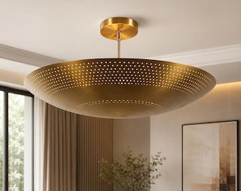 Mid Century Modern Raw Brass Perforated Dome Flush Mount Light Fixture • 6 Light Large Saucer Ceiling Chandelier for Living Room Bedroom