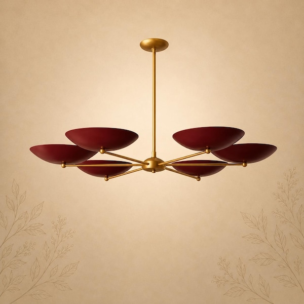 Handmade Mid Century Modern Brass Saucer Disc Dome Chandelier 6-Light Reflector Pendant, Italian Stilnovo Sputnik Ceiling Fixture Chandelier