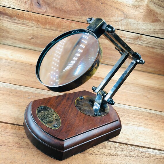 Antique Brass Desktop Adjustable Magnifying Glass~Vintage Table Top Decor Glass 
