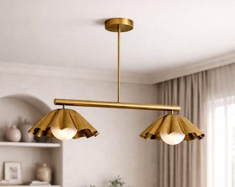 Lámpara de araña moderna de latón de 2 luces • Lámpara Sputnik con pantalla de volantes florales hecha a mano • Lámpara colgante de globo de mediados de siglo para comedor