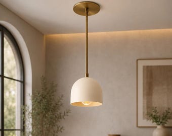 Modern Brass Dome Pendant Light • Handcrafted Cream Shade Kitchen Ceiling Lamp • Minimalist Hanging Hanging Fixture for Island & Dining Room