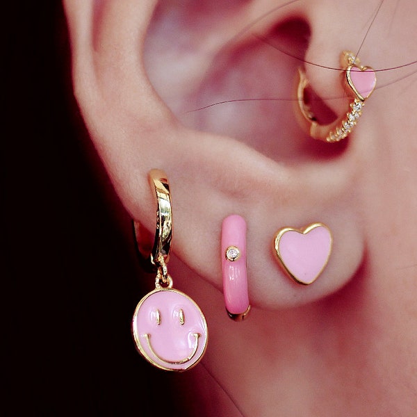 Gold Pink Smily Face Earring, Baby Pink Heart Hoops, Neon Pink Hoop Earring, Enamel Earrings, Cute Earring Set, Pink Earring Combo for Girls