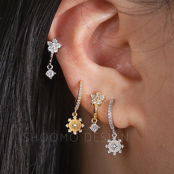 Sunburst Earring, 18k gold earring set, Dainty earring curation, Silver Hoop earring, hoop earring, gold earring, gold hoops set, 925 silver