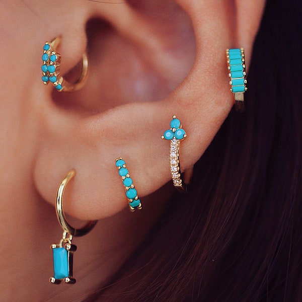 18k Gold Turquoise Earrings, Turquoise Flower Earring, Turquoise Stone Studs, 925 Silver Helix Huggie Earring Gold Hoop Earring Set Layering